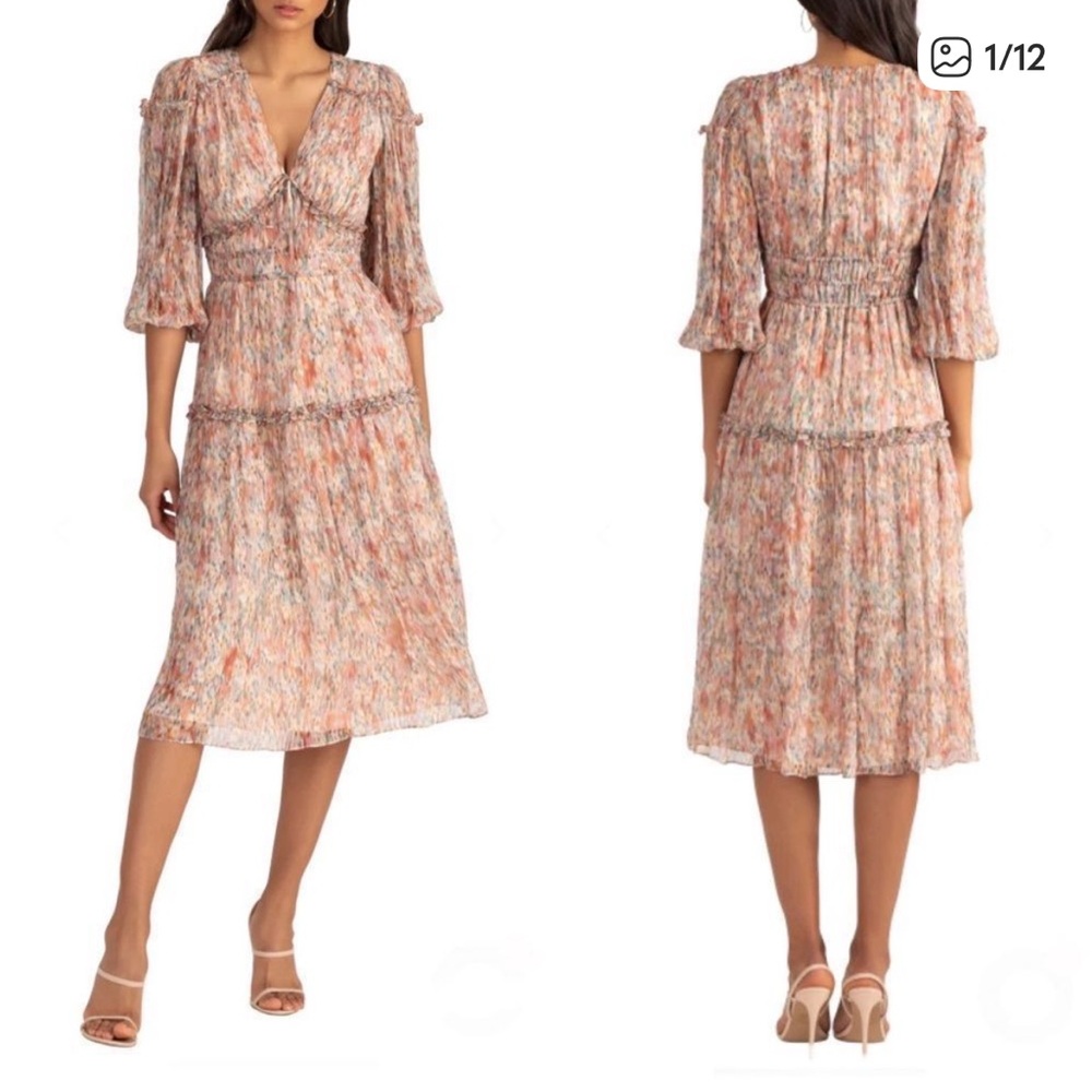 Shoshanna Carla Tiered Ruffle Chiffon Midi spring Dress Sandstone Size 12